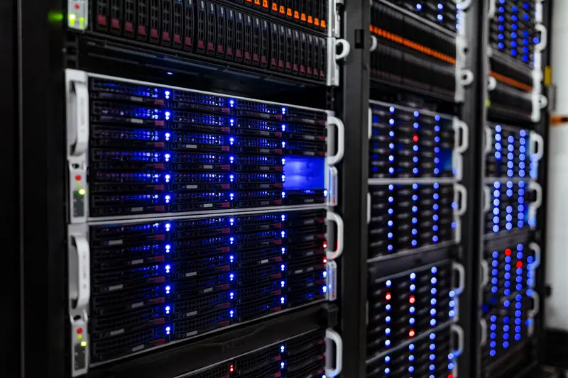Server racks with blue status lights